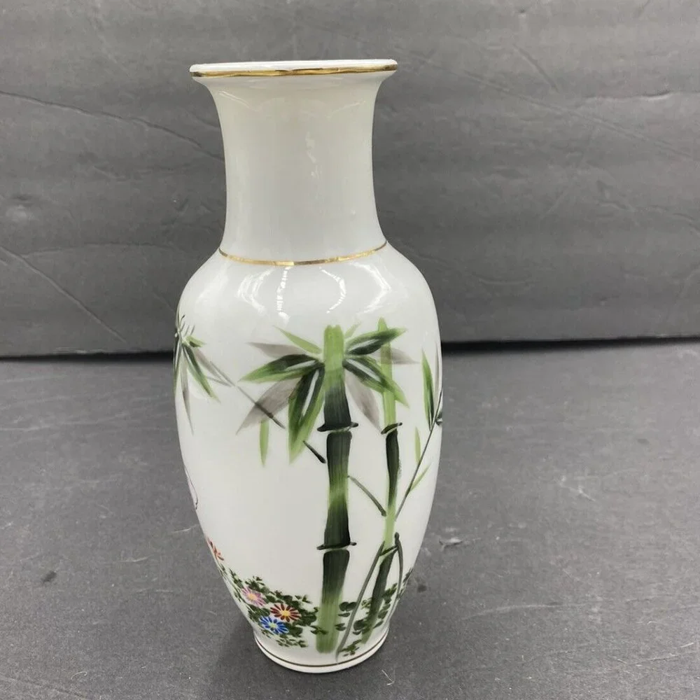 Vintage Japanese Porcelain Vase Butterfly Bamboo Floral Gold Trim‎ Cottagecore